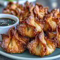 Golden air fryer dumplings with crispy edges, filled with savory pork and cabbage, served alongside a tangy soy ginger dipping sauce.