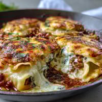 Hearty one-pan dumpling lasagna skillet with ground turkey, cabbage, and melted cheese, baked until bubbly and golden.
