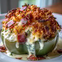 Funeral potatoes stuffed bell peppers feature creamy hash brown filling and crispy cornflake topping for a comforting main dish.