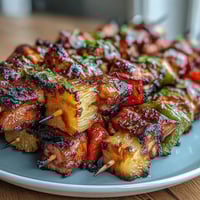 Grilled chicken pineapple kabobs with bell peppers, juicy skewers of marinated chicken and sweet pineapple chunks, perfect for summer cookouts.  