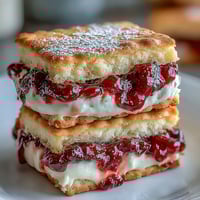 Clotted cream shortbread sandwich cookies filled with raspberry jam, perfect for elegant afternoon tea.  