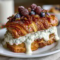 Golden croissant French toast casserole baked with juicy berries and a buttery, cinnamon-scented custard.