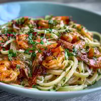 A vibrant plate of lemon garlic shrimp pasta with juicy shrimp, fresh parsley, and zesty lemon slices.  
