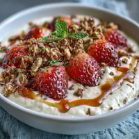 Creamy cottage cheese breakfast bowl with fresh strawberries and crunchy granola, perfect for a healthy morning start.