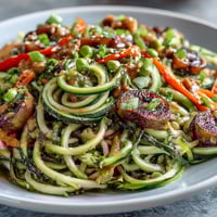 Vibrant Healthy Easy Zucchini Noodle Stir-Fry with Peanut Sauce in a colorful skillet, topped with crushed peanuts and cilantro.
