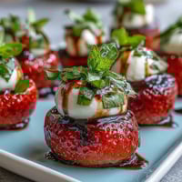 Strawberry Caprese Skewers with Balsamic Drizzle: Colorful skewers with strawberries, mozzarella, and basil, drizzled with sweet balsamic reduction for a fresh appetizer.