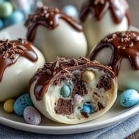 1. Pastel chocolate bark with Cadbury eggs and candy melts, decorated with colorful sprinkles and marshmallows for Easter.  