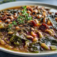 Hearty soul food black-eyed pea and collard green stew simmering with smoky spices and tender vegetables.
