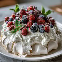 A crisp pavlova shell topped with whipped cream and vibrant mixed berries for a festive Mothers Day dessert.