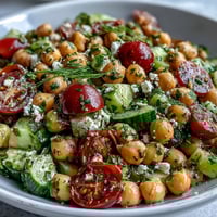 A colorful bowl of cold chickpea salad with bright lemon-herb dressing and fresh vegetables.
