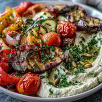 Vibrant grilled vegetable platter with colorful zucchini, peppers, and eggplant served with creamy hummus and fresh herbs.  