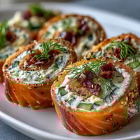 Smoked salmon and cucumber cream cheese pinwheels with dill on a white platter, perfect for elegant appetizers or brunch spreads.