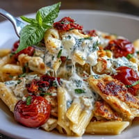 Creamy baked feta pasta with burst cherry tomatoes and fresh basil, ready to serve.