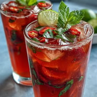 Fruity Strawberry Chili Limeade Mocktail, showing vibrant red strawberries and a zesty lime garnish.